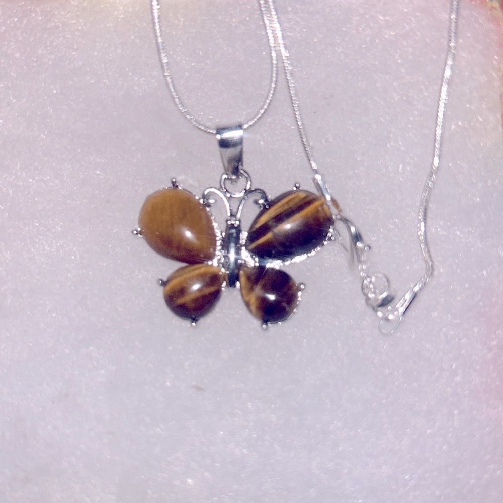 Boho hippie Tigers Eye Butterfly Sterling Silver 16” Necklace